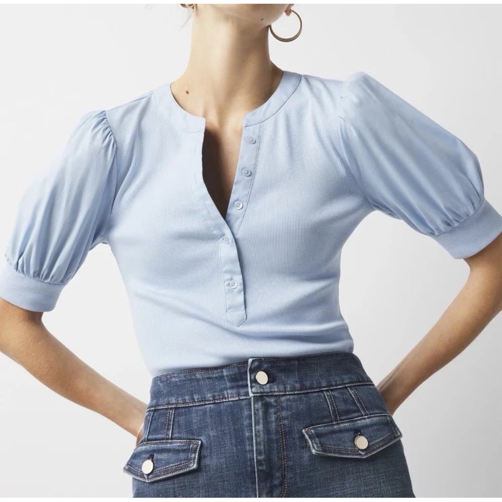 WHBM Poplin Puff-Sleeve Rib Mix Henley Shirt SizeMedium Blouse Chambray Blue